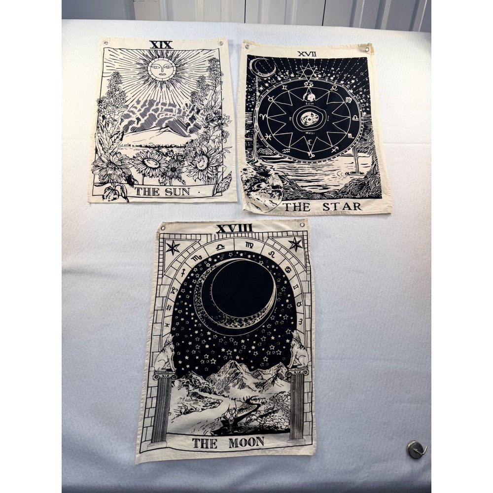 Set of 3 Tarot Card Tapestries The Sun The Moon The Star Wall Hanging Decor